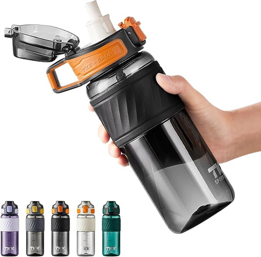 TKK 20oz Sports Water Bottles with Removable Straw Durable BPA Free Tritan Bottles Leak-Proof Water Bottles for School, Fitness, Gym, Outdoor, Black