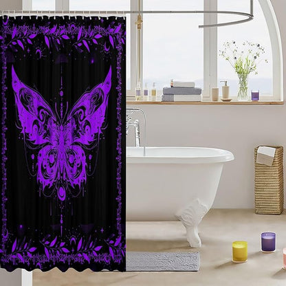 Feelyou Boho Purple Butterfly Fabric Shower Curtain Bohemian Moth Shower Curtain for Kids Boys Girls Moon Galaxy Bathroom Waterproof Accessories with 12 Hooks Black and Purple Curtains,72X78 Inches