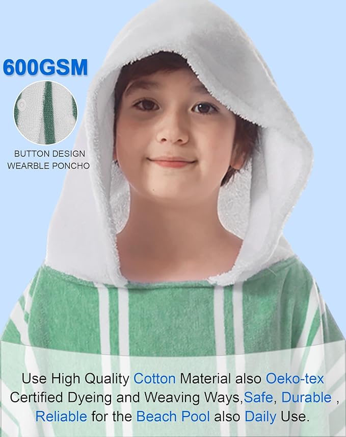VOOVA & MOVAS Hooded Beach Towels for Boys| Girls | Teens (8-16Years), 100% Cotton Thick Poncho Towel Robe for Big Kids, Perfect for Pool, Beach, Bath and Gifts, Green Cabana Stripe Design