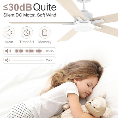 52” Smart Ceiling Fan with Lights Remote,Voice Control via Alexa Google WIFI App,Ultra Quiet DC Motor,Outdoor Indoor Modern Ceiling Fans,6-Speed for Bedroom Patio Porch,White and Wood Color