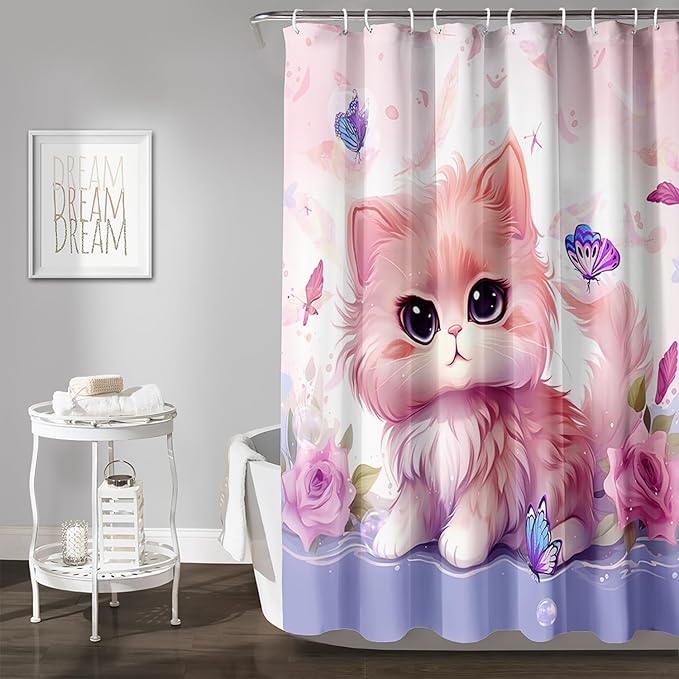 AILONEN Cute Cat Shower Curtain for Kids Boys,Kawaii Kitten and Butterfly Fabric Shower Curtains for Bathroom,Big Eye Pink Cat Polyester Cloth Bath Curtain Set, 72" W*78" H Pink