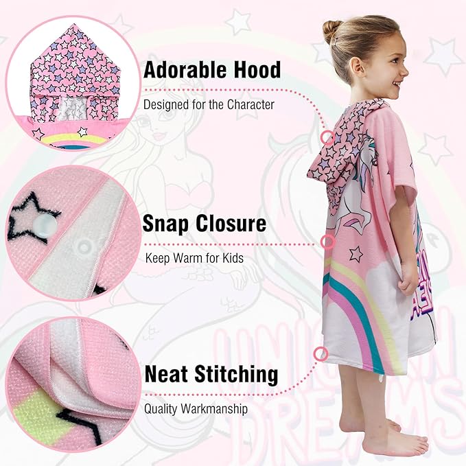 Hooded Kids Beach Towels - Toddler Bath Towel Girls Boys Swim Cover-ups for Ages 4 to 10 Kids Pool Towels Quick Dry Lightweight Soft Microfiber Poncho 30x30 with Bag (Mermaid Unicorn)