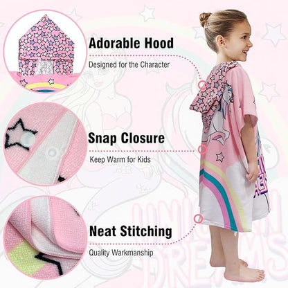 Hooded Kids Beach Towels - Toddler Bath Towel Girls Boys Swim Cover-ups for Ages 4 to 10 Kids Pool Towels Quick Dry Lightweight Soft Microfiber Poncho 30x30 with Bag (Mermaid Unicorn)