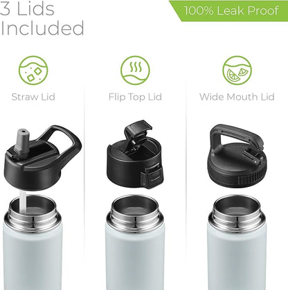 SipX™ Triple-Insulated Stainless Steel Water Bottle 18oz. With 3 Lids, BPA-Free Reusable Insulated Water Bottle Keeps Cold 24 Hours, Metal Water Bottle Made Of Sustainable Material For Hiking & Biking