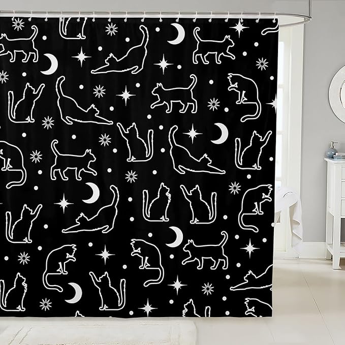 Manfei Cartoon Cats Silhouettes Kids Shower Curtains,Sun Moon Starry Sky Boho Bathroom Curtains for Girls Boys,Cute Cats Abstract Black White Fashion Waterproof Curtains,12 Hooks Suits,72" W x 72" L