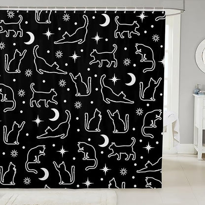 Manfei Cartoon Cats Silhouettes Kids Shower Curtains,Sun Moon Starry Sky Boho Bathroom Curtains for Girls Boys,Cute Cats Abstract Black White Fashion Waterproof Curtains,12 Hooks Suits,72" W x 72" L