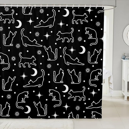 Manfei Cartoon Cats Silhouettes Kids Shower Curtains,Sun Moon Starry Sky Boho Bathroom Curtains for Girls Boys,Cute Cats Abstract Black White Fashion Waterproof Curtains,12 Hooks Suits,72" W x 84" L