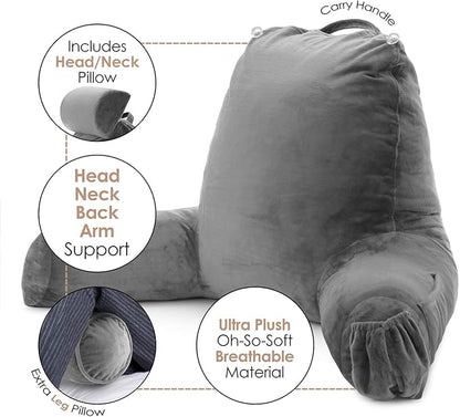 Nestl Reading Pillow Large Bed Pillow, Back Pillow for Sitting in Bed Shredded Memory Foam Chair Pillow, Reading & Bed Rest Pillows Grey Back Pillow for Bed, Bed Chair Arm Pillow with Pockets