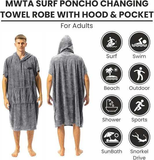 Surf Poncho for Men & Women with Hood, Quick Dry 80% Microfiber Polyester Changing Robe Beach Towel W/Outside Pocket - Outdoor, Surfing, Swimming, Bathing, Travelling, Camping, Pool (Gray)…