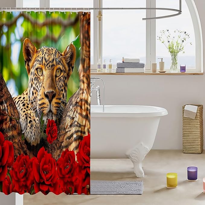 Feelyou Rose Leopard Shower Curtain Leopard Bath Curtain Boys Leopard Bathroom Shower Curtain Set Kids Toddler Wild Leopard Kids Bathroom Accessories Wildlife 72"x72"