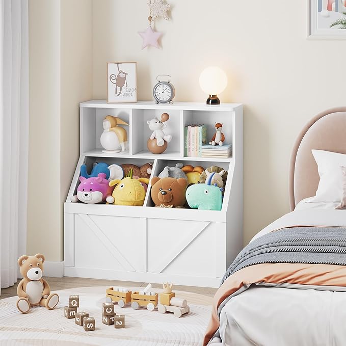 Kids Bookshelf and Toy Storage, Kids Toy Storage Organizer, Toy Storage Cabinet with Toy Shelf, Toddler Bookshelf Toy Organizer and Storage Bins for Playroom, Bedroom, Nursery, Classroom, Daycare