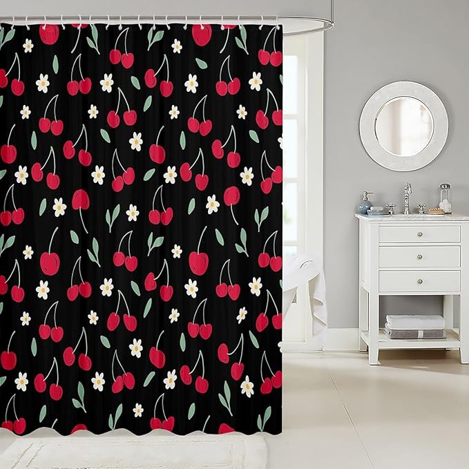 Feelyou Cherry Shower Curtain Fruits Fabric Shower Curtain for Kids Boys Girls Floral Flowers Bathroom Waterproof Accessories with 12 Hooks Black and Red Curtains,72X78 Inches