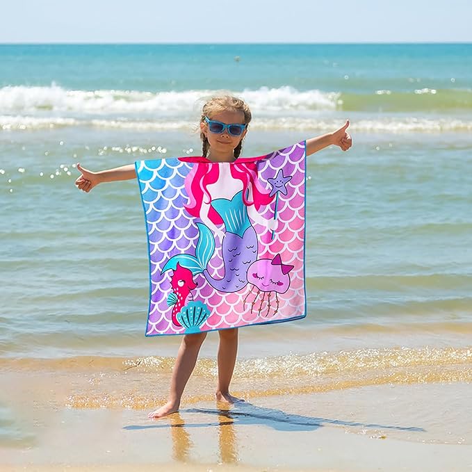 Mermaid Toddler Bath Beach Towel with Hood for Girls Ages 2-4 Years Kids Bath Towel Hooded Pool Towel Microfiber Absorbent Swim Cover Up Poncho Towel 24" x 24"