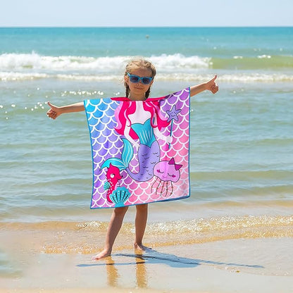 Mermaid Toddler Bath Beach Towel with Hood for Girls Ages 2-4 Years Kids Bath Towel Hooded Pool Towel Microfiber Absorbent Swim Cover Up Poncho Towel 24" x 24"
