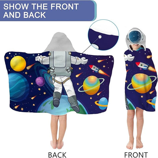 Kids Beach Towel, Kids Bath Towels with Hood, Outer Space Theme Hooded Towel for Boys Girls 30"x50", Cool Kids Towel Gifts Cartoon Microfiber Soft Bath Towel Poncho Bathrobe Wrap Robe for Swin Pool