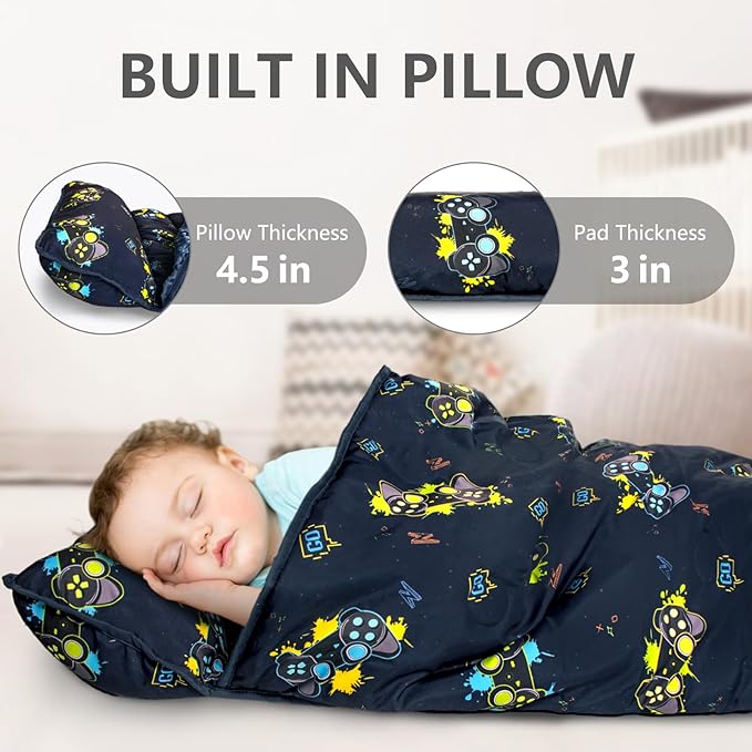 Nap Mat- Toddler Nap Mat with Pillow & Fleece Blanket- 55''*35''*3'' Nap Mat for Toddlers- Nap Mats for Preschool, Daycar
