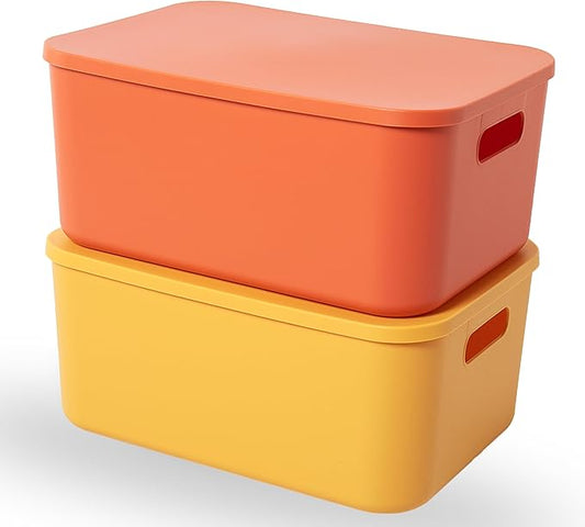 Plastic Storage Bins with Lid, Stackable Storage Containers for Organizing, Storage Baskets for Shelves Kitchen Bathroom Playroom Classroom Office (Medium (Yellow+Orange))