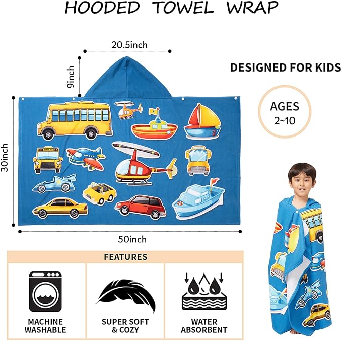 Hooded Towel for Toddlers 2-10 Years Boys Girls Kids Bath Pool Beach Towel Wrap Soft Absorbent Beach Poncho（Cars）