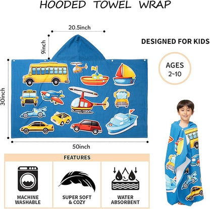 Hooded Towel for Toddlers 2-10 Years Boys Girls Kids Bath Pool Beach Towel Wrap Soft Absorbent Beach Poncho（Cars）
