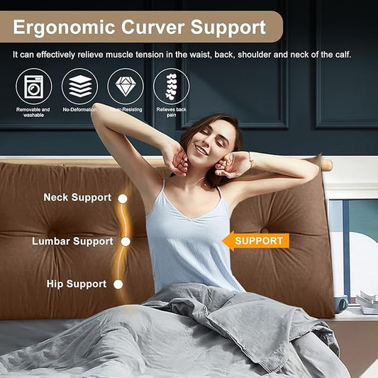 Large Triangular Headboard Pillows Long Backrest Positioning Support Bolster Cushion for Daybed Fluffy Quality Plush Body Wedge Pillow with Removable Cover(Dark brown-Full-54x8x20in)