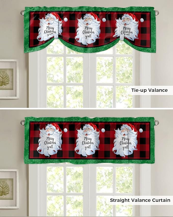Merry Christmas Y'all Blackout Tie Up Valance Curtains for Kitchen Windows XMAS Santa Claus Window Toppers Balloon Shades for Living Room/Bathroom/Bedroom,1 Panel,60" X 18" Red Buffalo Plaid