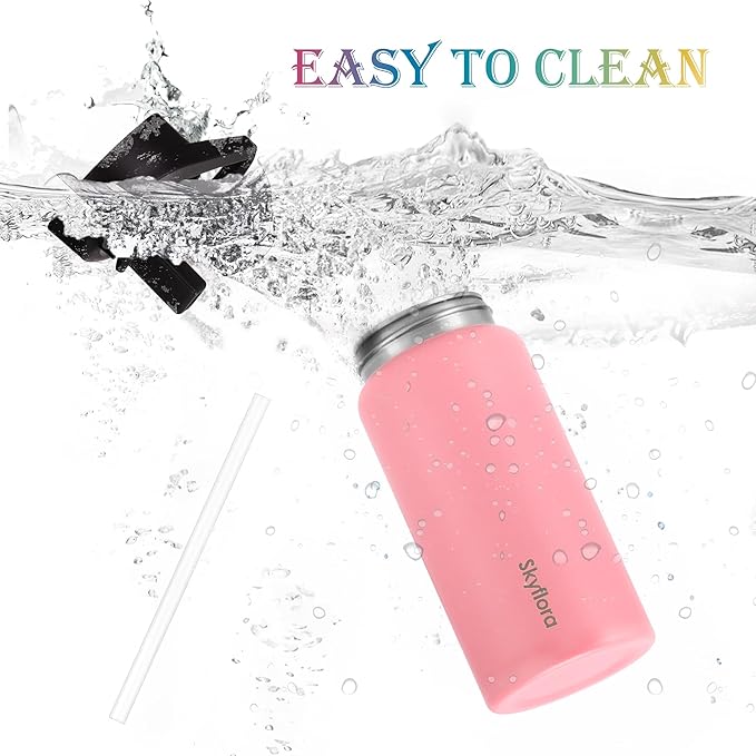 Kids Water Bottle with Straw 2 Pack, 16oz Water Bottles Bulk, Single Wall 18/8 Stainless Steel, Dishwasher Safe & Leakproof, Reusable Gift for Girls Boys to School Sports Travel Camping, Lemon & Pink