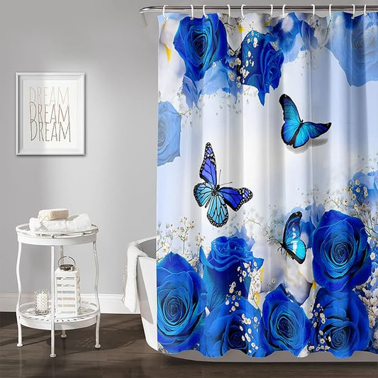 AILONEN Butterfly Shower Curtain for Girl Women,Blue Rose Shower Curtain Butterfly Floral Decor Bath Curtain 72" W*72" H Polyester Fabric Waterproof Bathroom Bathtub Curtain with 12 Hooks