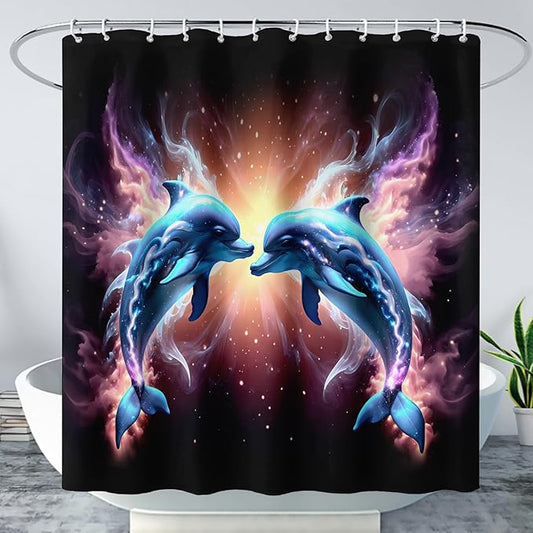 AILONEN 3D Dolphin Shower Curtain for Bathroom, Cute Kawaii Blue Ocean Dolphin Bath Curtain,Fantasy Smoky Print Black Curtain Waterproof with 12 Plastic Hooks for Boys Girls 36" W*72" H