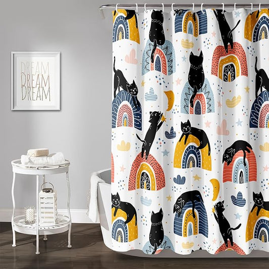 AILONEN Cat Shower Curtain, Rainbow Cat Bath Curtain,Cute Black Cat Bathroom Curtain Decor,Cat Lover Polyester Waterproof 48" W*72" H Shower Curtain (12 Hooks)