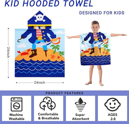 Kids Pirate Hooded Beach Towel Boys Cute Poncho Pool Towels with Hood 24*47" Cool Soft Microfiber Swim Cover-ups for Kids Ages 3-10 Thick Absorbent Cotton Hooded Bath Towels Wrap Bathrobe
