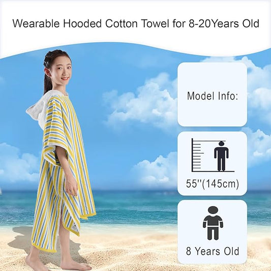 VOOVA & MOVAS Teens Beach Towels with Hood (8-16Years), Large Soft and Absorbent Cotton Hooded Pool Towel Poncho Robe - Versatile for Pool, Swim, and Bath, Blue Yellow Stripe