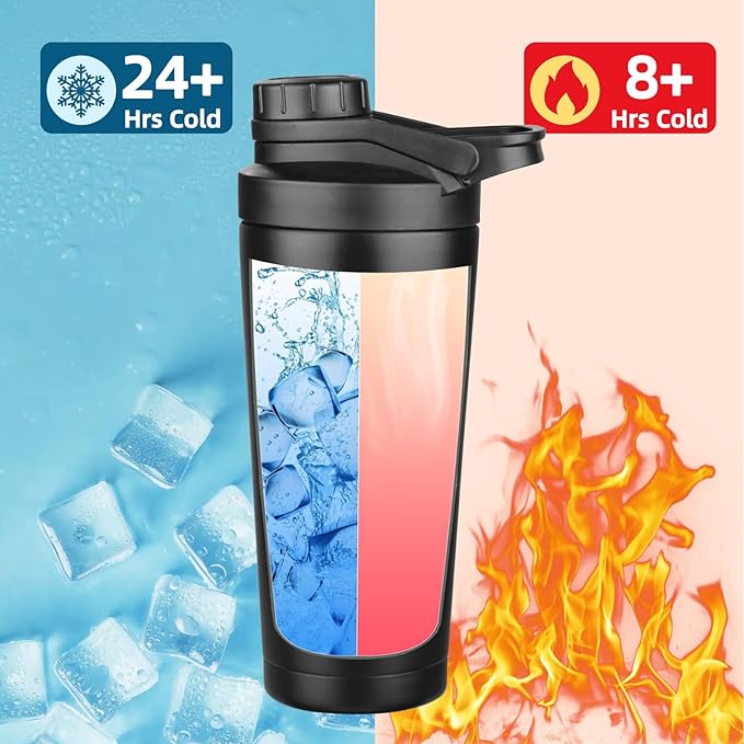 24 oz Shaker Bottle,Stainless Steel Shaker Bottle with Noise-Free Design,Insulated Metal Shakers Bottles Cup for Protein Mixes and Pre Workout,Gym Shaker Bottle(Black)