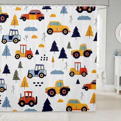 Feelyou Excavator Shower Curtain Cartoon Car Bathroom Shower Curtain Set Construction Vehicles Bath Curtain for Kids Boys Girls Equipment Trucks Kids Bathroom Accessories 72"x72"