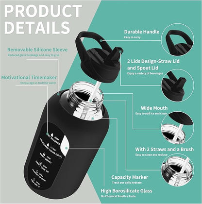 CIVAGO 64 oz Glass Water Bottle Jug with Straw and Handle, Half Gallon Sports Motivational Water Bottle with Time Marker, Wide Mouth Water Flask Canteen with Silicone Sleeve for Gym, Black