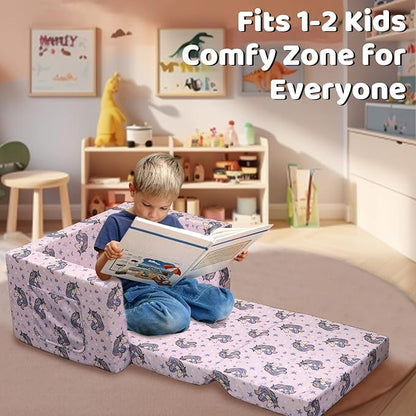 Kids Sofa, Children's 2 in 1 Convertible Relaxing Sofa to Lounger - Extra Soft Flip Open Chair & Sleeper, Cute Dinosaur Print Toddler Chairs Kids Couch for Kids Girls Boys, Polyester