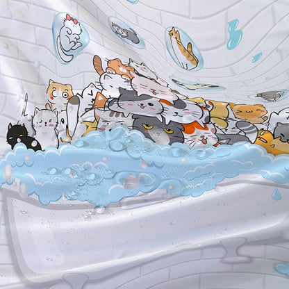 AILONEN Cute Cats Shower Curtain Raining for Kids 72" W*96" H Inch,Kawaii Hilarious Pet Playing Water Shower Curtain,12 Pack Hooks Polyester Waterproof Fabric Decor for Bathroom Bathtub Panels