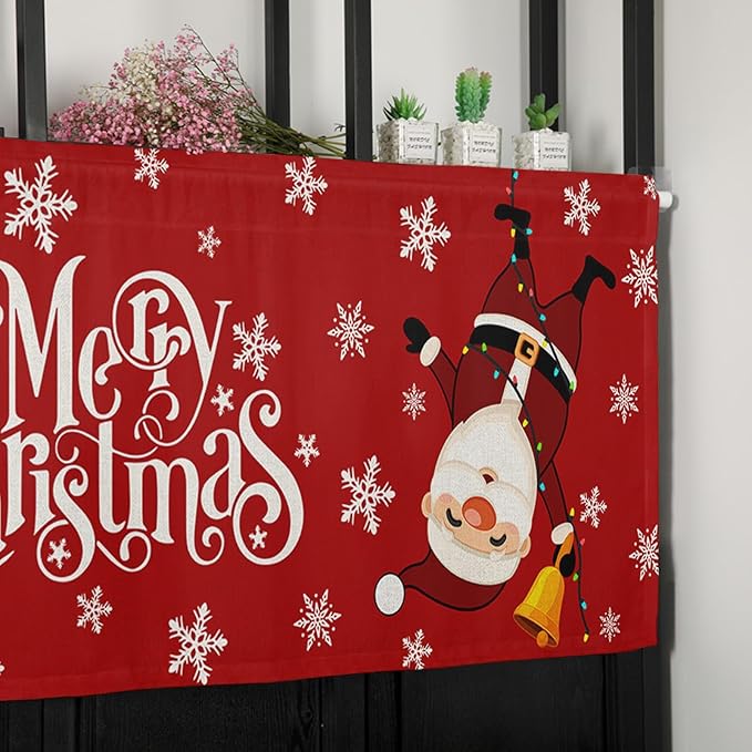 Red Merry Christmas Valance Curtains for Kitchen Windows Funny Hanging Santa Rod Pocket Window Treatment Toppers for Kitchen/Living Room/Bedroom/Bathroom, 42" X 18", Snow Winter Holiday