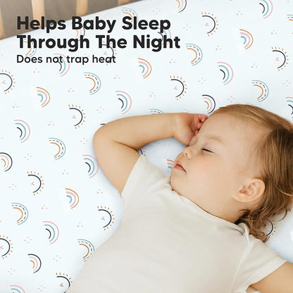Pack and Play Sheets Fitted, 2-Pack Mini Crib Sheets - Pack N Play Sheets, Organic Fitted Crib Sheet for Pack and Play Mattress, Playard Baby Crib Sheets, Crib Sheets Neutral for Boys (Jolly Rainbow)
