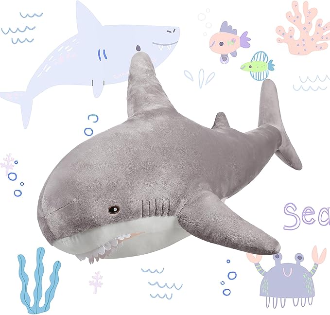 MorisMos Grey Shark Plush Toy, 51in Stuffed Animal, Giant Shark Stuffed Toy for Kids, Cuddly Plush, Birthday, 51 inch