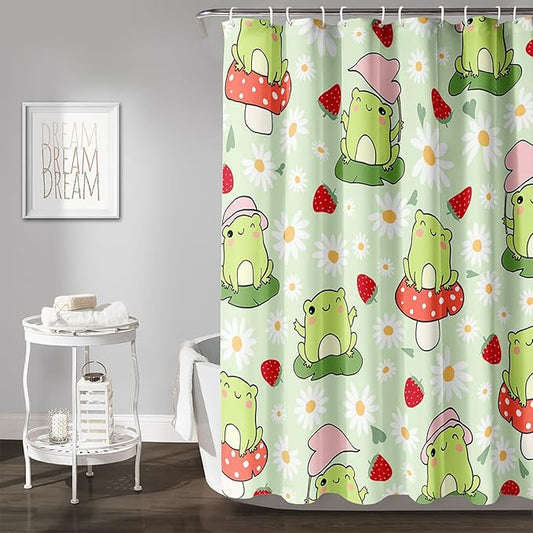 AILONEN Cute Frog Shower Curtain for Bathroom, Kawaii Strawberry and Frog Bath Curtain,Mushroom Frog Kids Girls Waterproof Curtain with 12 Plastic Hooks(72" W*84" H)