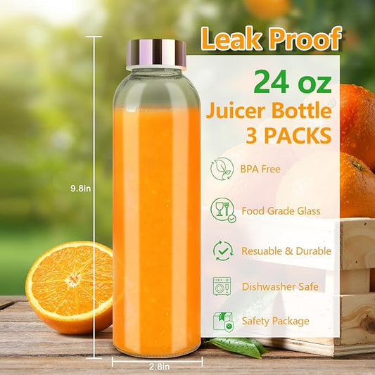 Glass Juice Bottles with Lids for Juicing 24 oz, Reusable Clear Glass Water Bottles with Stainless Steel Airtight Cap for Refrigerator, 100% Leak Proof, BPA Free, ECO Friendly, Set of 3, Pink