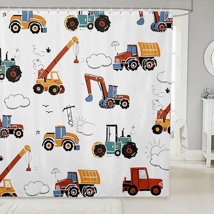 Feelyou Excavator Bathroom Shower Curtain Set Construction Vehicles Bath Curtain Equipment Trucks Shower Curtain Cartoon Car Kids Bathroom Accessories 72"x84"