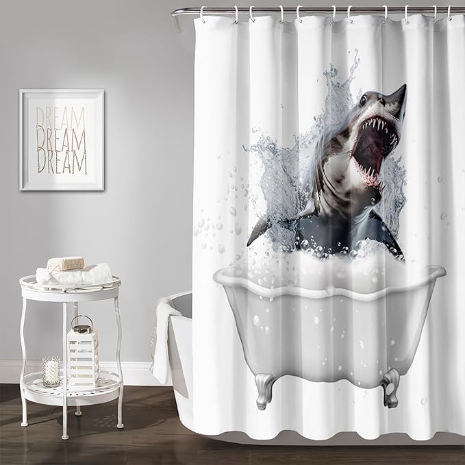AILONEN 3D Bathtub Shark Shower Curtain for Kids 180 * 240 Inch,Fierce Shark in a Bathtub Shower Curtain,12 Pack Hooks Polyester Waterproof Fabric Decor for Bathroom Bathtub Panels