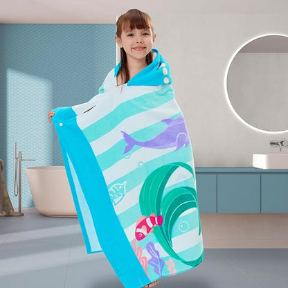 VOOVA & MOVAS Toddler Bath Towels Age 3-10,100% Cotton | Soft | Thick, Hooded Towel for Kids Girls, Perfect for Beach, Pool, Bath,Swim, Stripe Mermaid