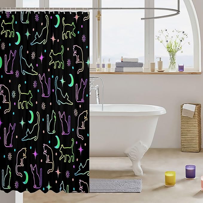 Cute Cats Silhouettes Kids Shower Curtains,Sun Moon Starry Sky Outer Space Bathroom Curtains for Girls Boys,Cartoon Pets Animals Colorful Bright Waterproof Curtains,12 Hooks Suits,72"W x 78"L