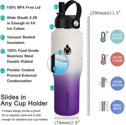 SENDESTAR Water Bottle 32oz,2 Lids(Straw lid),Wide Mouth Stainless Steel Vacuum Insulated Double Wall Keep Liquids Cold or Hot All Day,Sweat Proof Sport Design,Fit Car Cup Holder(White&Voilet)