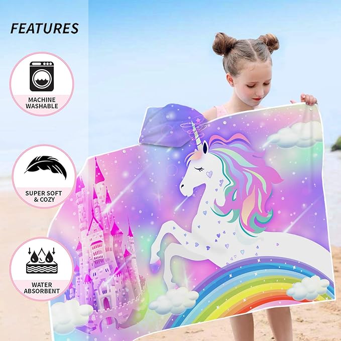 Unicorn Hooded Beach Towel for Kids, Cute Rainbow Bath Towel with Hood for Girls, Pink Magic Castle Microfiber Super Absorbent Soft Poncho Bathrobe for Swin Pool 30”x50”