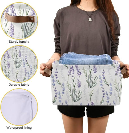 Lavender Flowers Storage Basket Fabric Storage Bin Laundry Baskets, Leaves Green Purple Foldable Storage Boxes Organizer Bag for Baby Cloth Dog Toy Book Storage Cubes Shelf Closet Basket 16×12×8