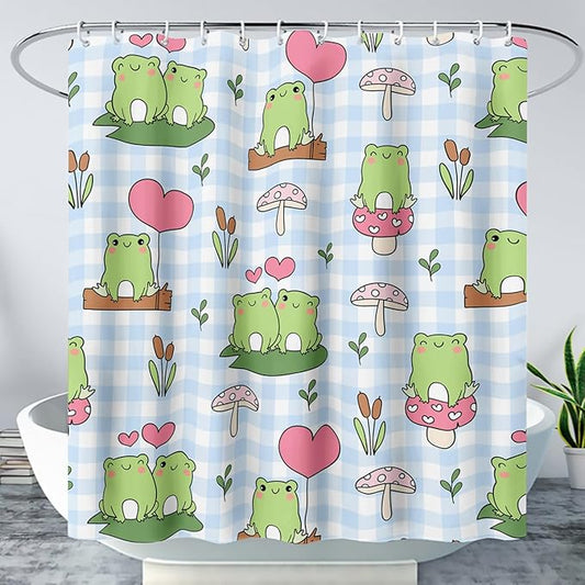 AILONEN Kawaii Frog Shower Curtain,Cute Cartoon Mushroom Frog Bath Curtain,Romantic Frog Couple Hearts Printed Waterproof Blue Stripe Curtain, 72" W x 72" H