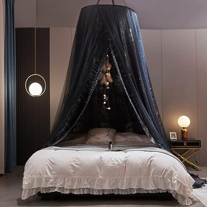 Kertnic Gorgeous Moon Printed Bed Canopy for Girls & Adults, Room Decorative Cozy Bed Curtain Canopy Drapes, Round Dome Luxurious Lace Princess Canopies Mosquito Netting (Print Moon)